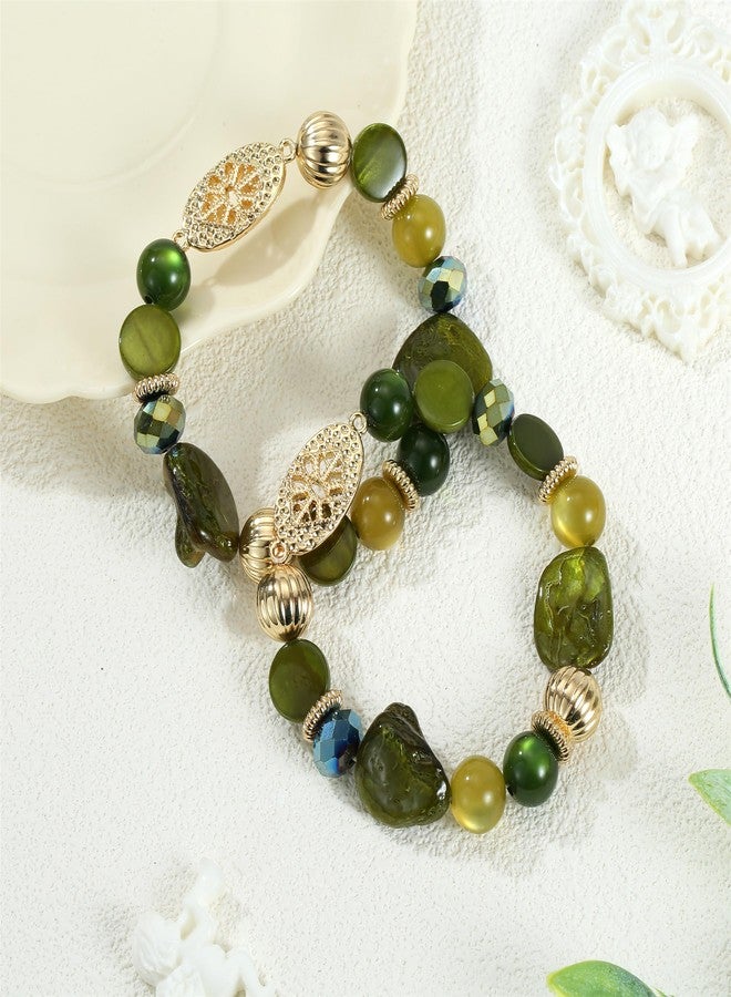 Xalroco Chunky Natural Shell Stone Beaded Stretch Bracelet Stack for Women, Classy Boho Jewelry Gift (olive green) - Image 2
